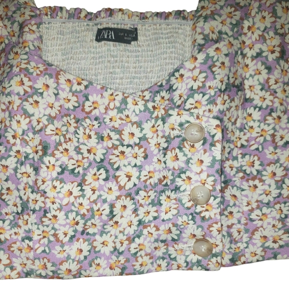 Zara Linen Blend Ditsy Floral Smocked Back Button Front Crop Top S Purple White - Picture 6 of 16